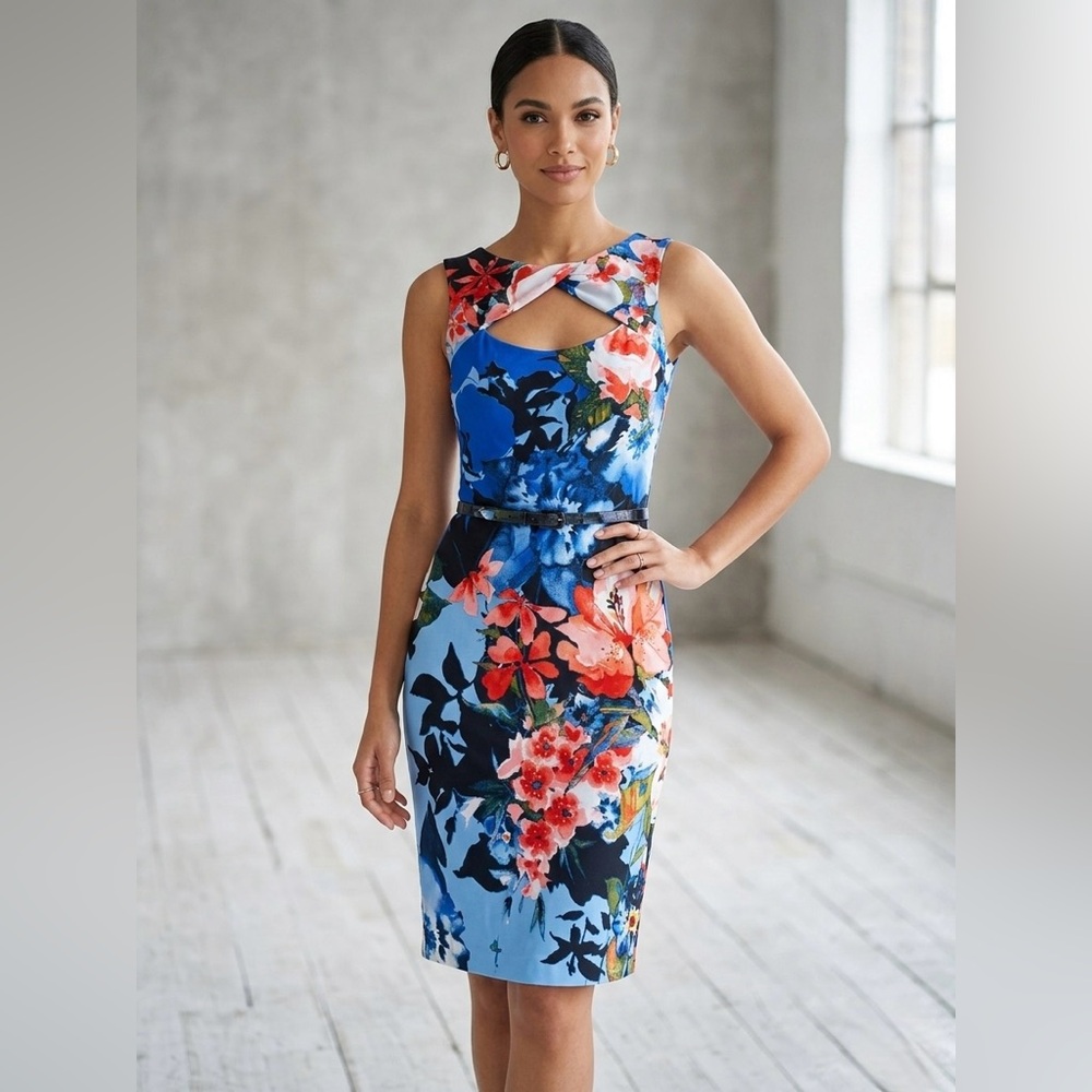 Cache blue floral midi sheath dress